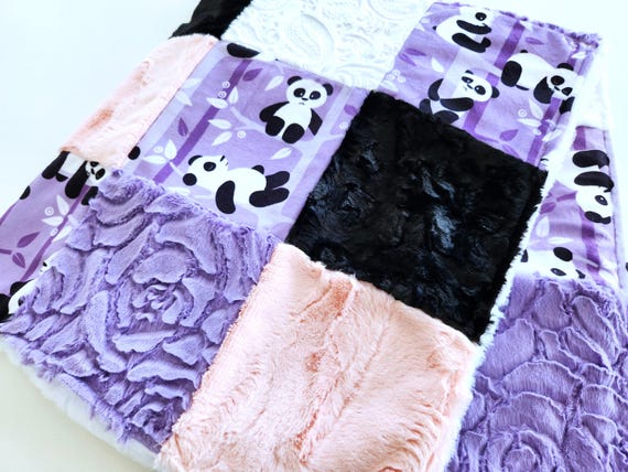 Purple Panda Minky Patchwork Baby/Toddler Blanket - 35"X41" - Soft Plush