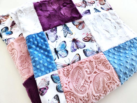 Butterfly Minky Patchwork Baby/Toddler Blanket- 35X41 inches, Soft Plush