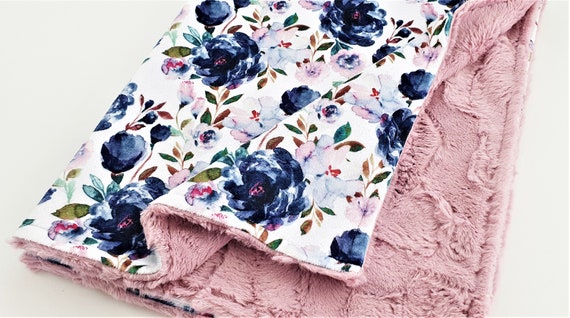 Personalized Minky Baby Blanket - Blue and Dusty Rose Floral