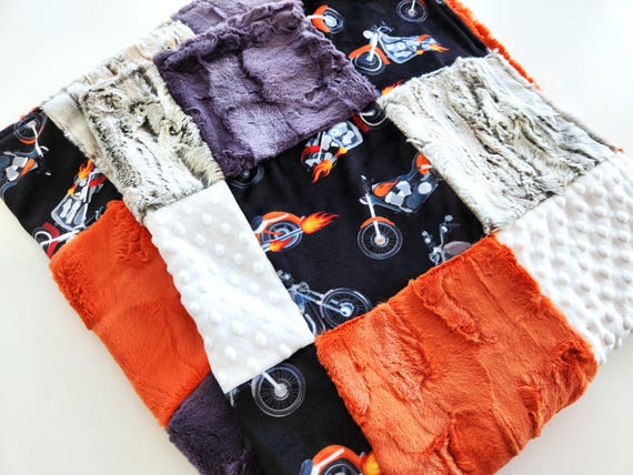Motorcycle Minky Patchwork Baby/Toddler Blanket - 35"X41" Soft Plush