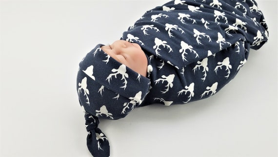 Navy Antler Baby Swaddling Set - Swaddling Blanket & Knot Hat