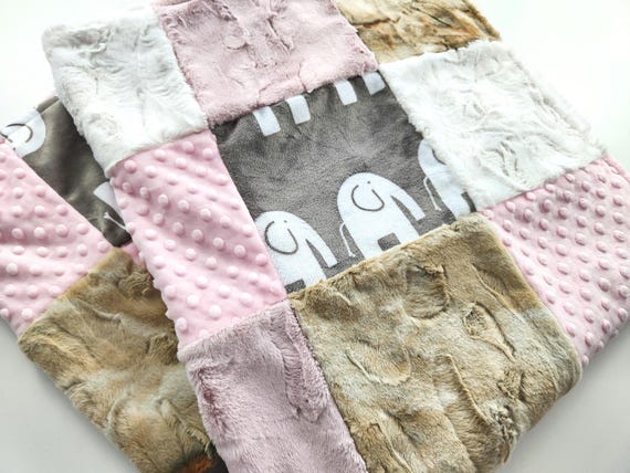 Elephant Patchwork Minky Baby Blanket - 35"X41"