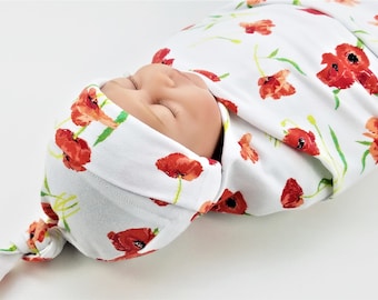 Poppy Baby Swaddle Set - Swaddling Blanket & Knot Hat