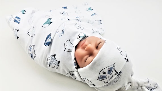 Woodland Animals Baby Swaddle Set - Swaddling Blanket & Knot Hat