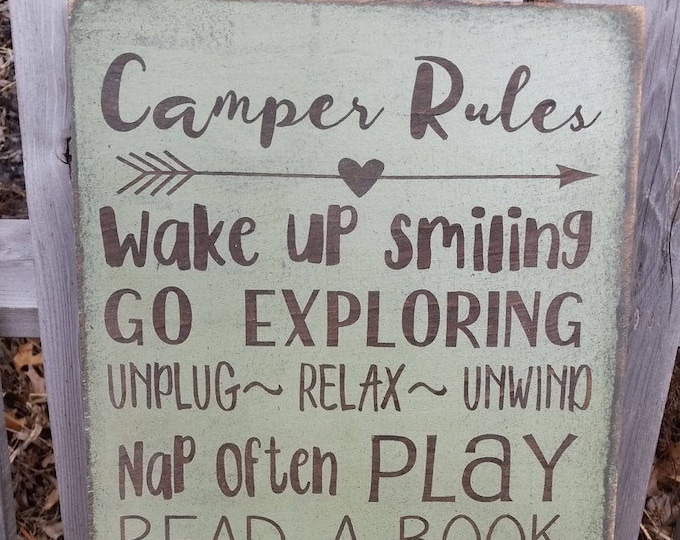 Camping Rules Sign Camper sign Distressed Rustic Primitive Typography subway sign
