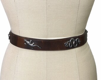 Vintage Brighton Brown Leather Belt, 34109 Lizard, Alligator, Buffalo, Snake, Bear,  Size 32-36"