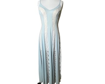 Vintage 60's Warnaco Powder Blue White Lace Long Peignoir Nightgown Panel Slip Dress, Small
