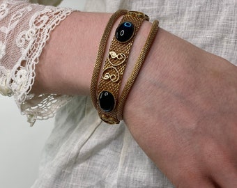 Vintage 60's Gold Mesh Chain Link Blue Jeweled Bracelet