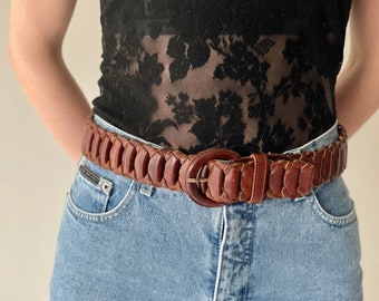 Vintage 90's Brown Braided Fishtail Leather Belt, Equestrian Style Leather Belt Size M