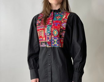 Vintage Black Western Southwestern Bib Front Aztec Blouse Button Down Shirt,  Size M
