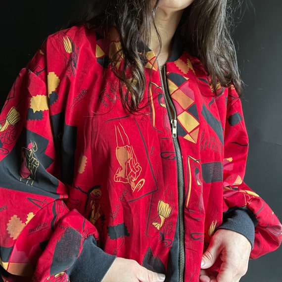 Vintage 90's Red Silk Bomber Jacket with Fashion … - image 4
