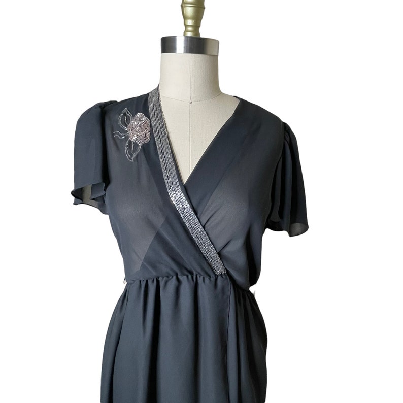 Vintage Samuel Blue Black Sheer Chiffon Wrap Dress Silver Beaded Trim, size 8 image 6