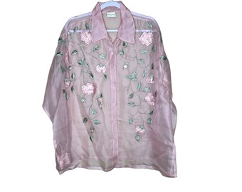 Vintage Florissant Pink Organza Embroidered Sheer Floral Blouse, No tag Large