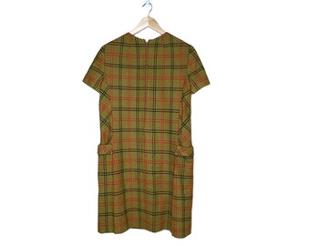 Vintage Young Pendleton Plaid 100% Wool Mustard Ochre A Line Dress USA Girls 13-14, 38”