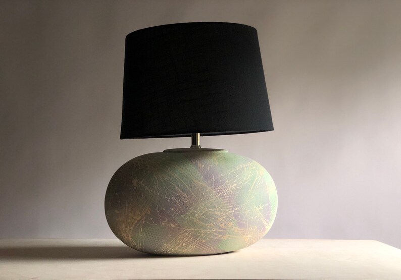 1980 S Pop Art Op Splatter Ceramic Table Lamp Seafoam Green And Purple Paint Oval Oblong