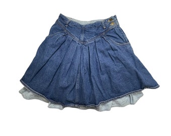 Vintage Liz Wear 80's Tiered Denim and Chambray Mini Skirt, High Waisted, Flounce Circle Skirt, Size 6