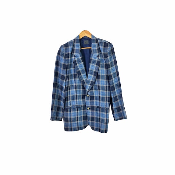 Vintage 80's Blue Plaid Linen Blazer, Size 8