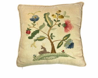 Vintage Linen Embroidered Floral Tree Throw Pillow