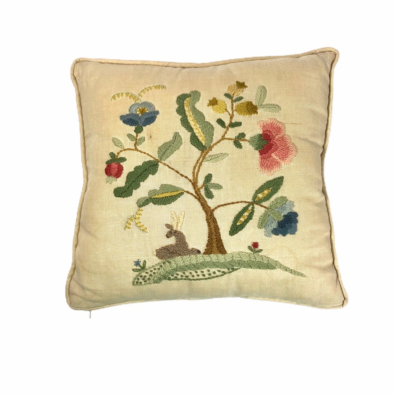 Vintage Linen Embroidered Floral Tree Throw Pillow image 1