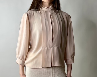 Vintage Blush Pink Semi Sheer Mock Turtleneck Blouse, Size M