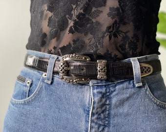 1990s Leather and Metal Ring Belt Leather and Metal Trouser Belt Size M Leather and Chain Waist Belt 32 to 34