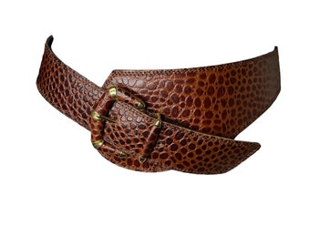 Vintage Avignon Brown Croc Embossed Leather Wide Thick Belt, 32-34