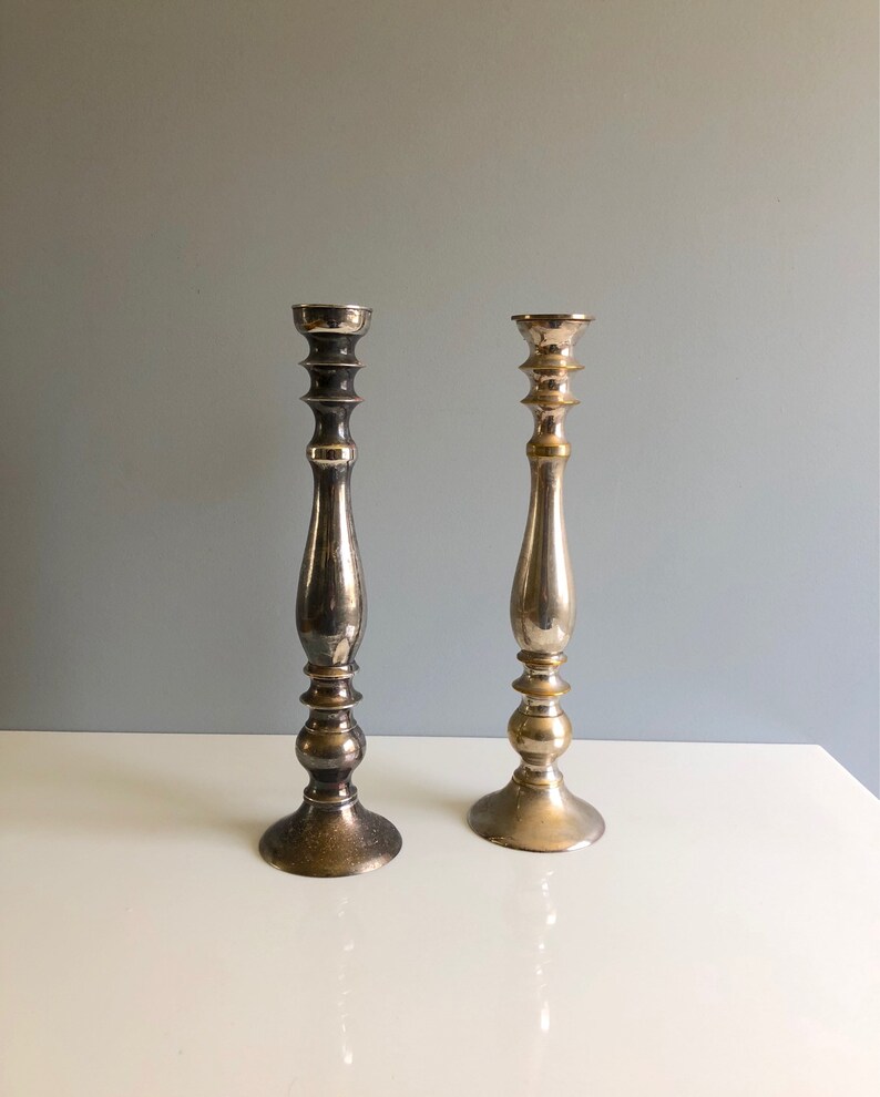 Tall Pair of Nickel Metal Palm Tree Candle Holders Silver Finish Candlesticks