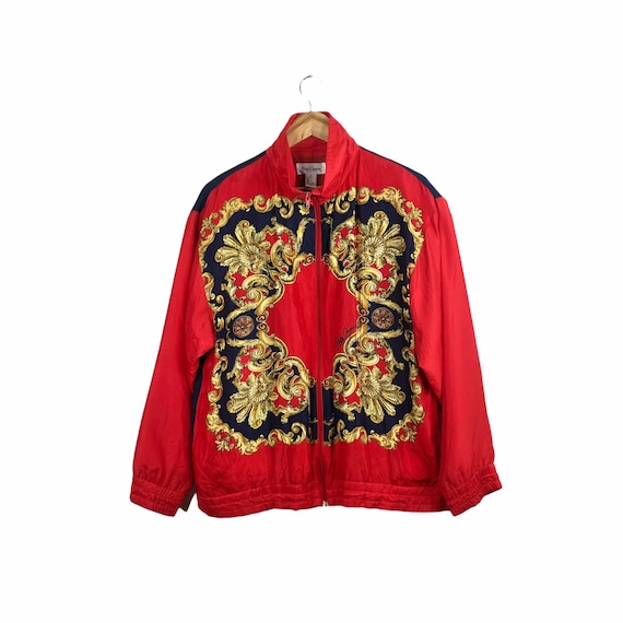 Vintage Red Blue Baroque Silk Oleg Cassini Bomber