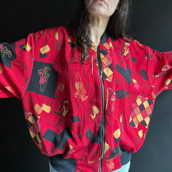 Vintage 90's Red Silk Bomber Jacket with Fashion … - image 7