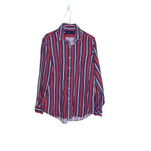 Ralph Lauren Women's Blue Red Striped Washed Linen Button Down Shirt Blouse, Size L image 3