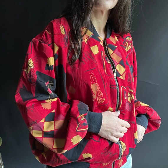Vintage 90's Red Silk Bomber Jacket with Fashion … - image 3