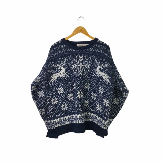 Vintage Oversized Blue Nordic Reindeer Wool Sweate