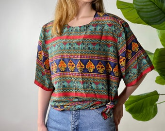 Vintage Colorful Blue Plus Size Silk Blouse, Size 20