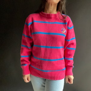Vintage 80's Hot Pink and Blue Striped Cotton Crew Neck | Etsy