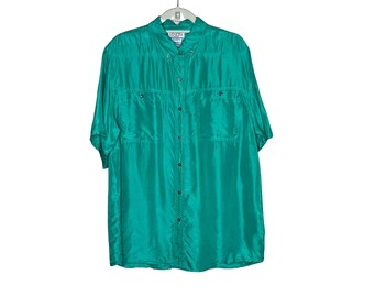Vintage Venezia Green Silk Button Down Blouse Top, Size Large