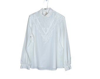 Vintage Yves St Clair White Cottage Core Ruffle Lace Frontier Blouse, Size 10