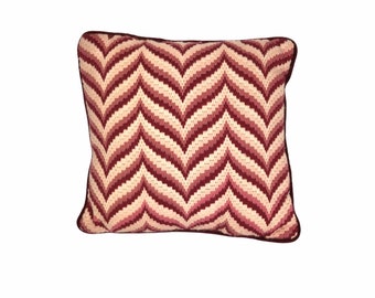 Vintage 70's Red and White Striped Bargello Needlepoint Throw Pillow (larger) 15"