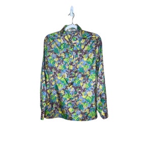 1970s disco picto long sleeve butterfly collar vintage blue green floral shirt size 13 image 1