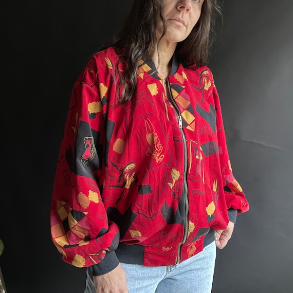 Vintage 90's Red Silk Bomber Jacket with Fashion … - image 6
