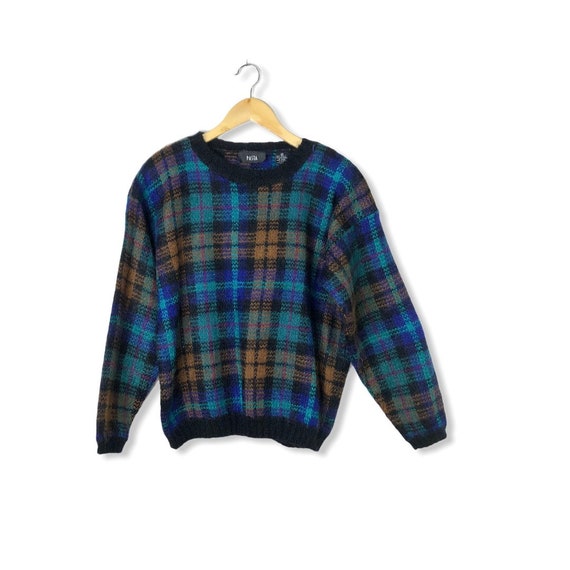 Vintage Blue Plaid Mohair Blend Sweater, Size Smal
