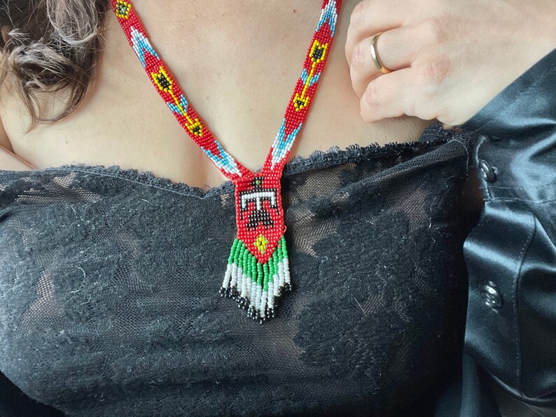 Vintage Red Thunderbird Native American Beaded Tassel Necklace