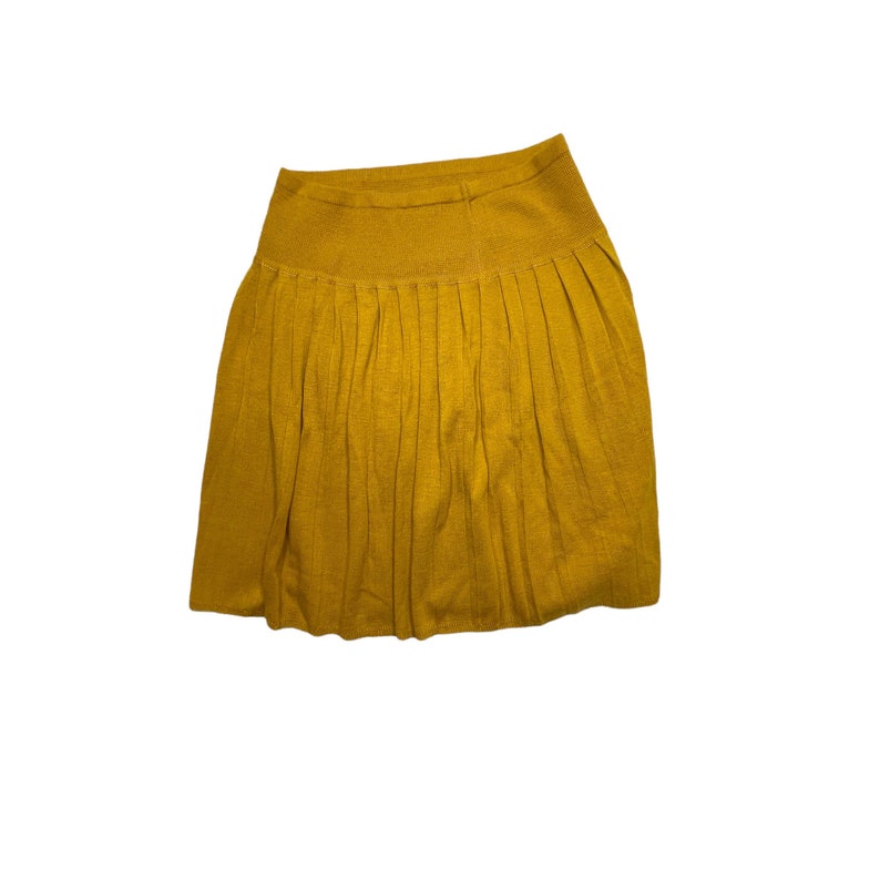 Vintage 80's Galia Mustard Yellow Harvest Gold Pleated Knit Skirt, Size Small Stretch pull on image 1