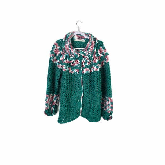 Vintage Handmade Green Crochet Afghan Cardigan Swe