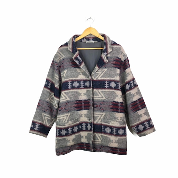 Vintage Grey Wool Tribal Blanket Coat, Size Medium