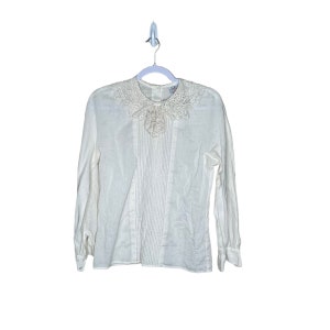 Vintage JG Hook 80s Victorian Style White Linen Blend Blouse Lace with back button up size 8 image 3