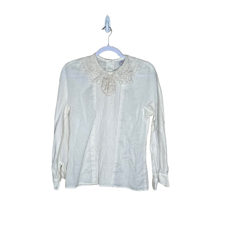 Vintage JG Hook 80s Victorian Style White Linen Blend Blouse Lace with back button up size 8 image 3