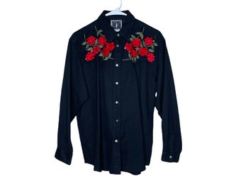 Vintage Valencia Women's Black Embroidered Red Rose Pearl Snap Western Shirt