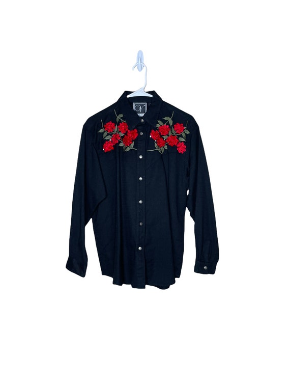 Vintage Valencia Women's Black Embroidered Red Ro… - image 1