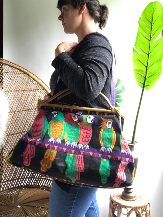 Vintage Rattan Parrot Tote Bag / Vintage Canvas Ra