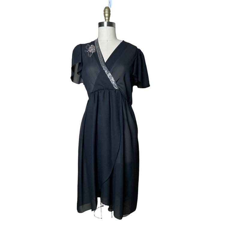 Vintage Samuel Blue Black Sheer Chiffon Wrap Dress Silver Beaded Trim, size 8 image 5